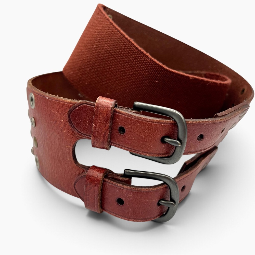 Fossil Womens Brown Leather Studded Double Buckle Elastic Waist Belt Size L